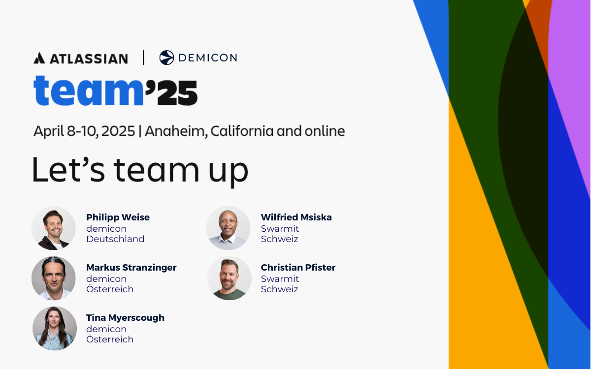 Werbegrafik für das Atlassian Team '25 Event mit demicon- und Swarmit-Vertretern aus Deutschland, Österreich und der Schweiz