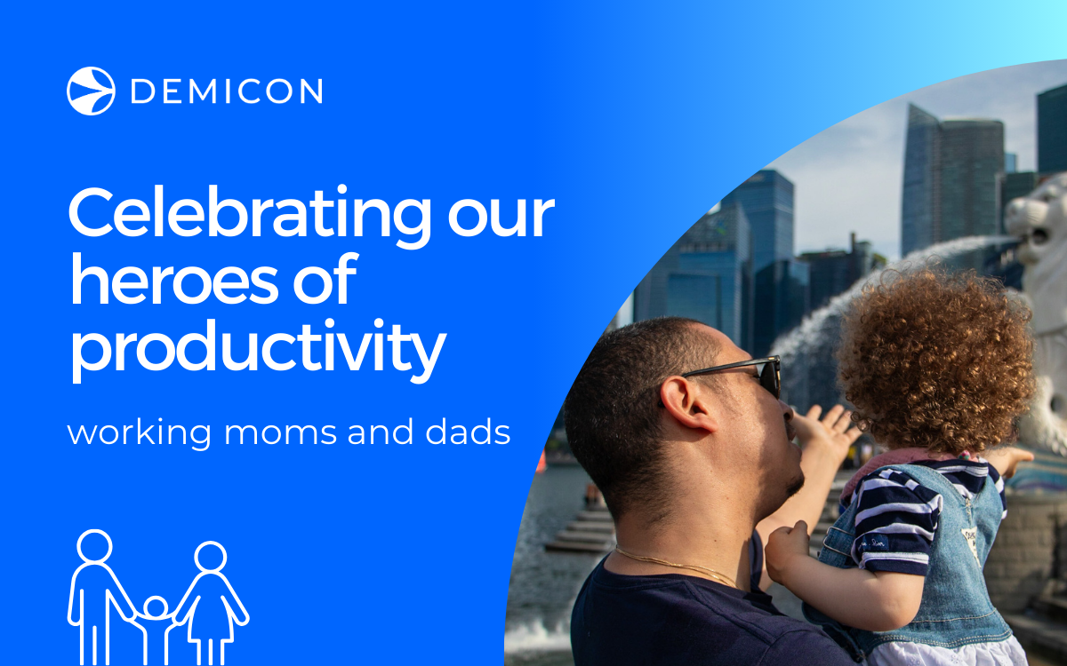 Promotional graphic of a father with a child to Celebrate Demicon's workers who are parents